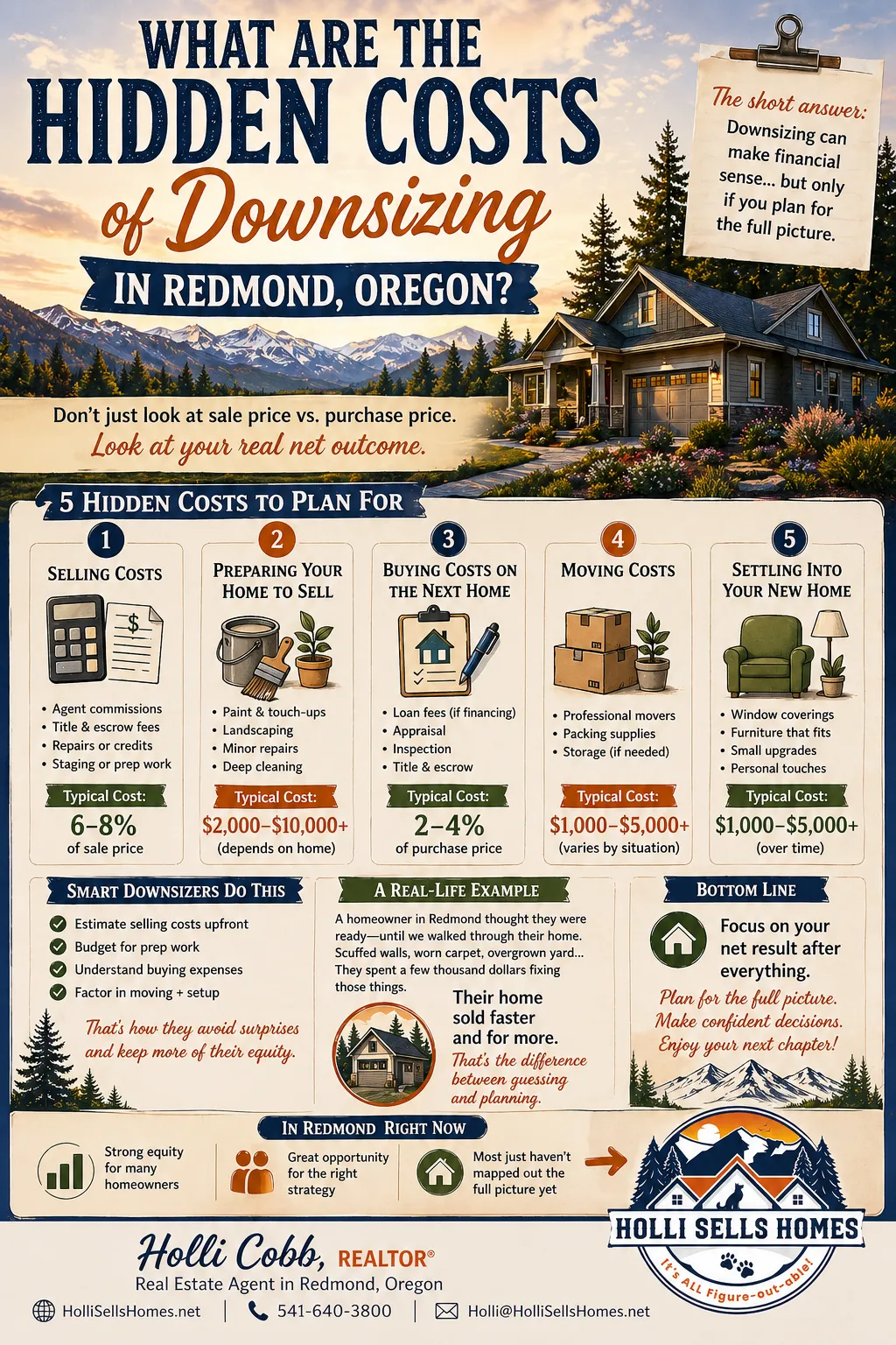 Infographic showing hidden costs of downsizing in Redmond Oregon including selling costs, moving expenses, and home preparation