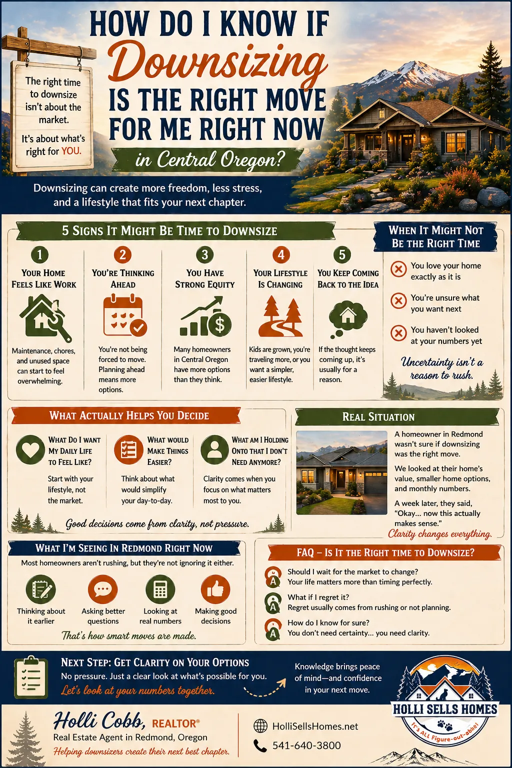 Infographic showing how to decide if downsizing is the right move in Central Oregon including lifestyle changes, home maintenance, and financial factors