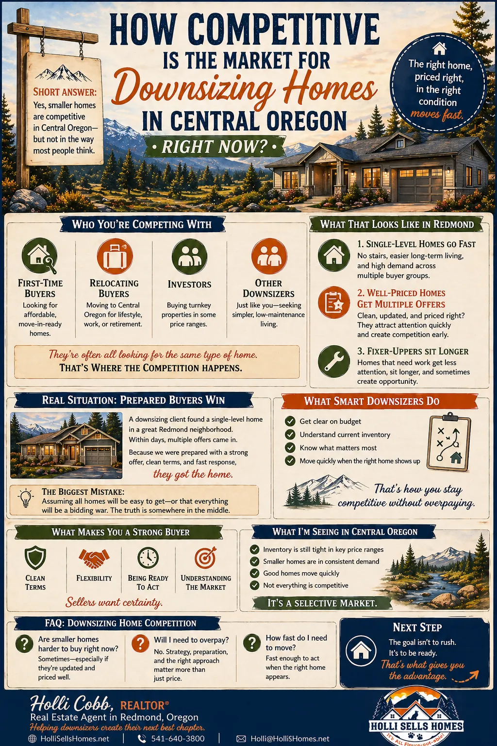Infographic showing how competitive the market is for downsizing homes in Central Oregon, including buyer competition, types of homes that sell fastest, and strategies to win without overpaying