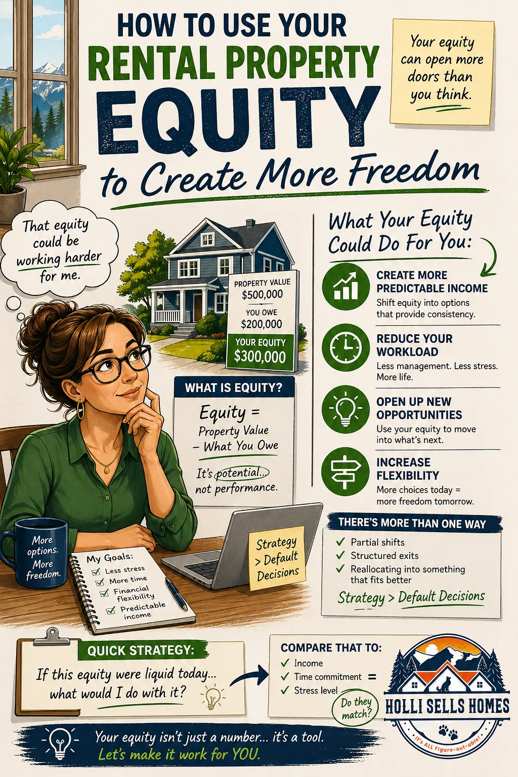 Infographic-style illustration showing a woman considering how to use rental property equity, with visuals explaining property value, equity calculation, and options like creating predictable income, reducing workload, and increasing financial flexibility, with the Holli Sells Homes logo in the bottom right corner.