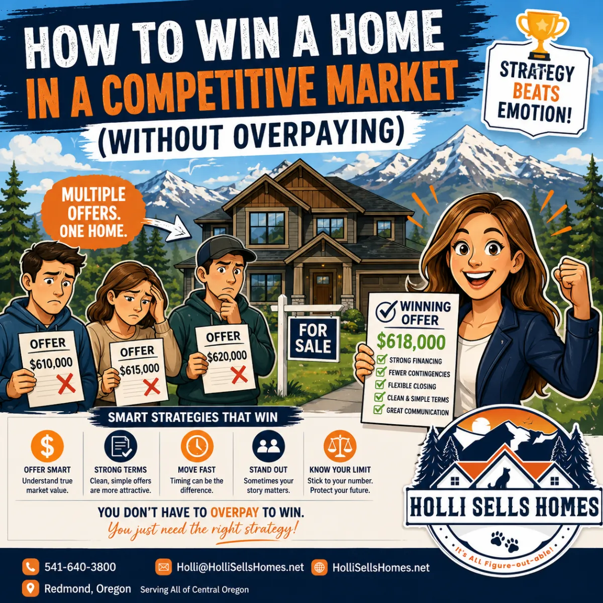 A colorful cartoon-style illustration of multiple buyers competing for the same house in Central Oregon, with mountains in the background. Several offer sheets are shown, but one buyer stands out confidently holding a “winning offer” while others look disappointed. Include visual elements like checkmarks, strategy icons, and a subtle sense of competition. Clean, modern, and eye-catching. Add Holli Sells Homes logo in the bottom right corner and include contact information cleanly along the bottom.