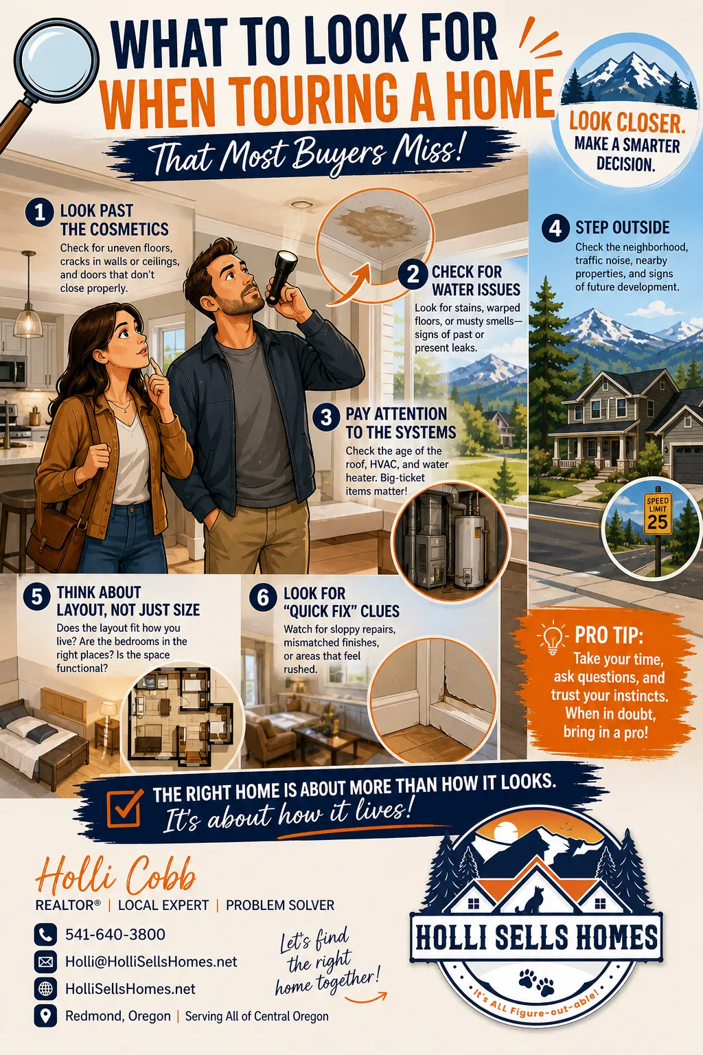 Cartoon-style illustration of a home buyer inspecting details inside and outside a house in Central Oregon.