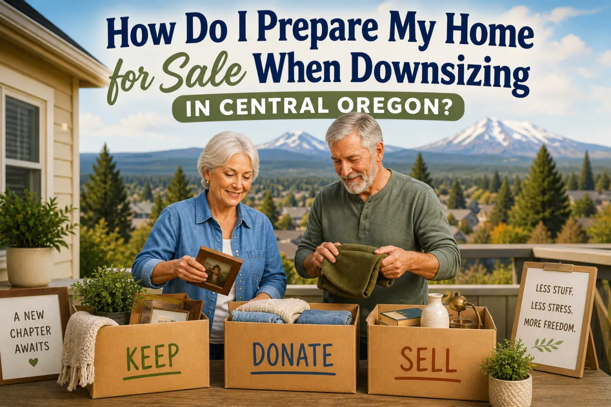 preparing home for sale downsizing Central Oregon older couple organizing boxes decluttering home for move