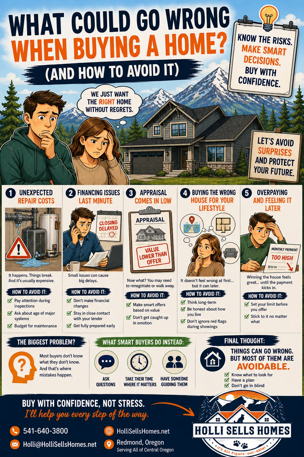 Cartoon-style illustration of a home buyer facing unexpected issues like repairs, financing problems, and stress while buying a home in Central Oregon.