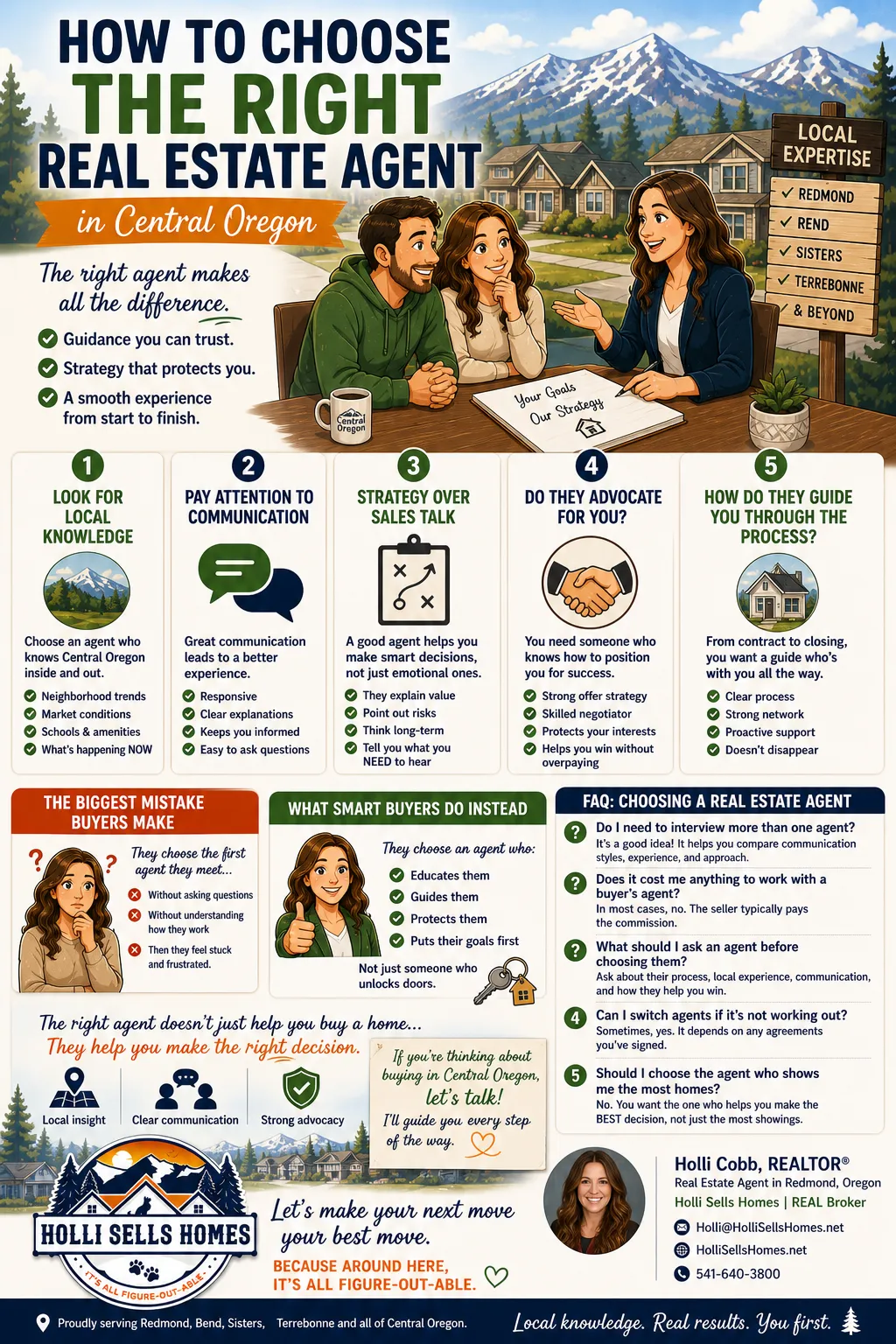 Cartoon-style infographic showing a home buyer meeting with a real estate agent in Central Oregon, highlighting how to choose the right agent with sections on local knowledge, communication, strategy, advocacy, and the home buying process, set against a mountain and neighborhood backdrop.