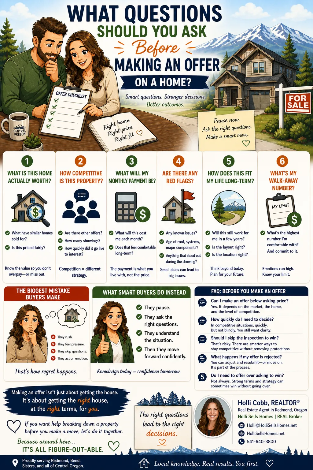 Cartoon-style infographic showing a Central Oregon homebuyer reviewing a checklist before making an offer, with sections covering home value, competition, monthly payment, red flags, long-term fit, and setting a budget, all set against a mountain and neighborhood backdrop.
