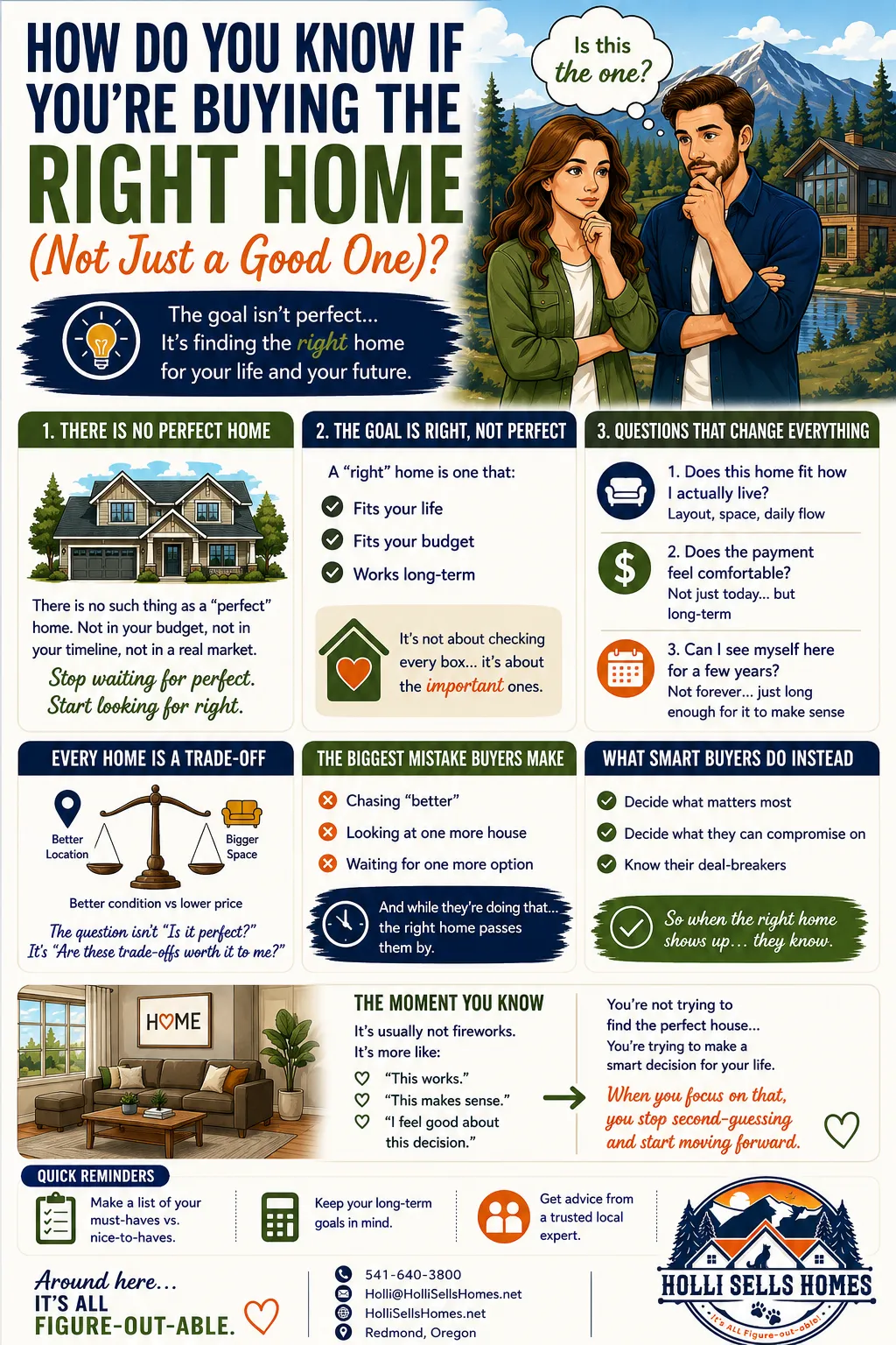 Cartoon-style infographic showing Central Oregon homebuyers deciding if a home is the right fit, featuring a checklist of key questions, trade-offs between features, and guidance on choosing a home based on lifestyle, budget, and long-term needs, with a mountain and neighborhood backdrop and the Holli Sells Homes logo in the bottom right corner.