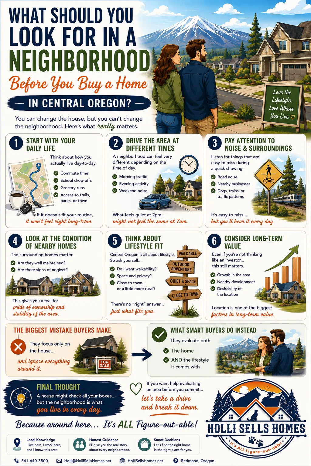 Cartoon-style infographic showing a Central Oregon homebuyer exploring a neighborhood, highlighting key factors like daily routine, noise, surrounding homes, lifestyle fit, and long-term value, with a mountain backdrop and the Holli Sells Homes logo in the bottom right corner.
