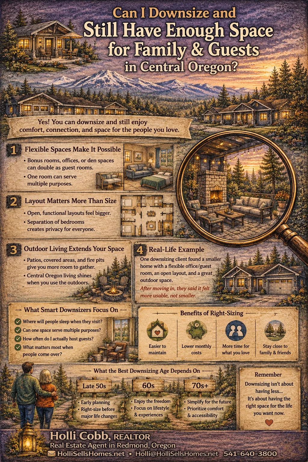 Infographic showing how to downsize and still have enough space for family and guests in Central Oregon, including flexible spaces, layout design, outdoor living, and smart downsizing strategies