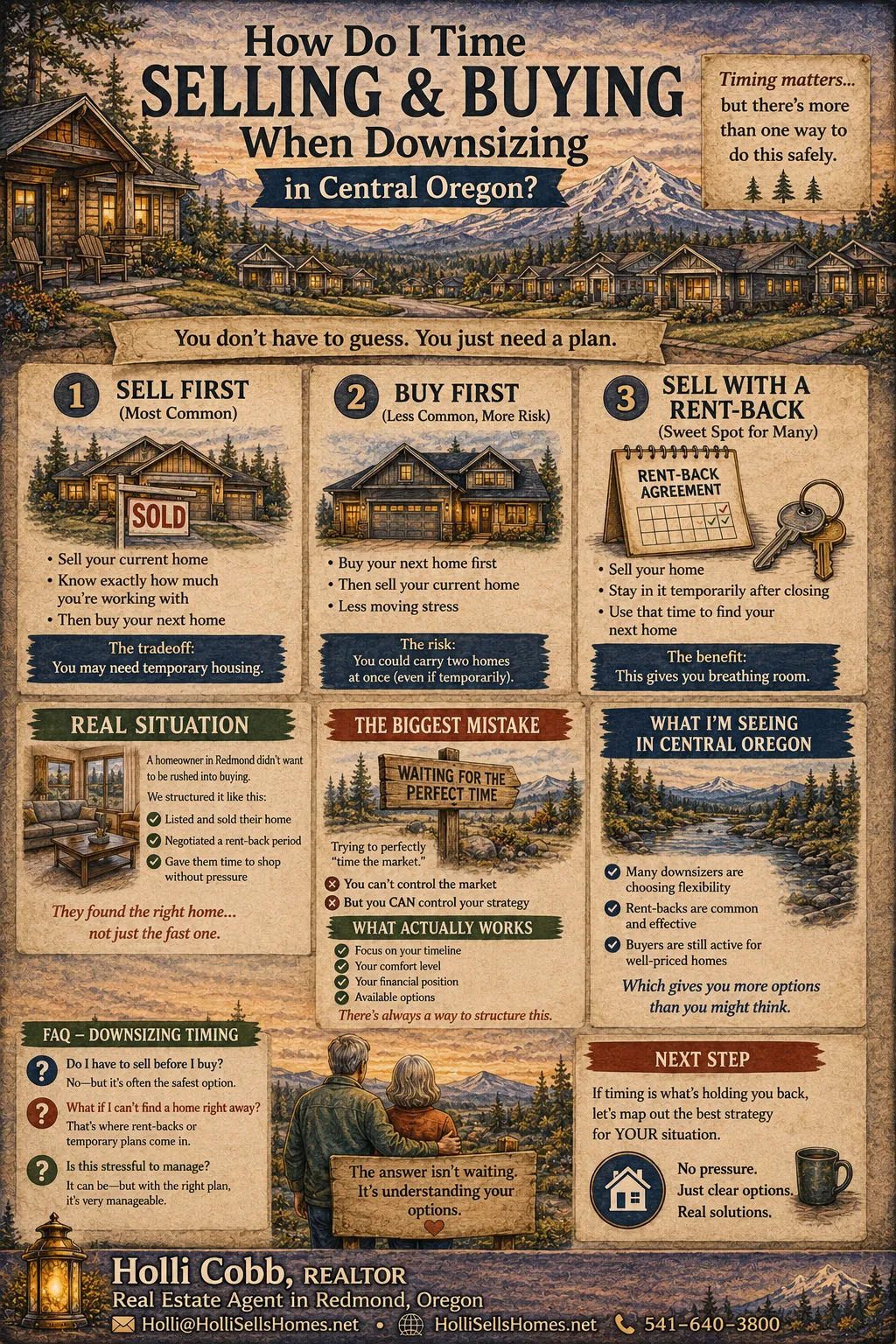 Infographic showing how to time selling and buying when downsizing in Central Oregon including sell first, buy first, and rent back strategies