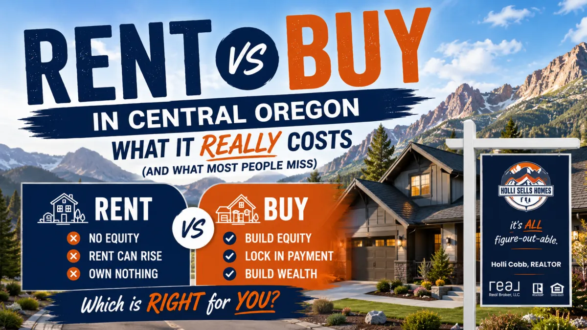 Wide, high-resolution thumbnail showing a Central Oregon mountain neighborhood with a modern home, featuring bold text “Rent vs Buy” and “What It Really Costs,” with side-by-side comparisons of renting and buying benefits, and the Holli Sells Homes branding displayed on a real estate sign in the foreground.