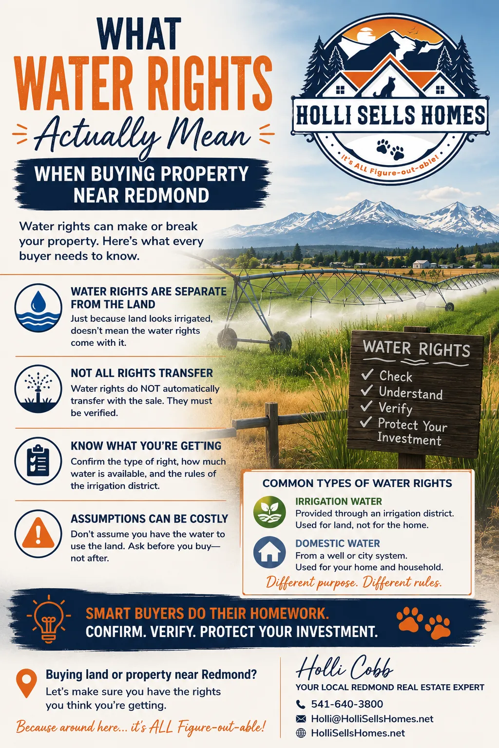 Infographic-style illustration explaining what water rights mean when buying property near Redmond, Oregon, featuring bold navy and orange text with sections on irrigation vs domestic water, the fact that water rights are separate from the land, verification steps, and common buyer mistakes, alongside imagery of an irrigated field with mountain views and the Holli Sells Homes logo prominently displayed.