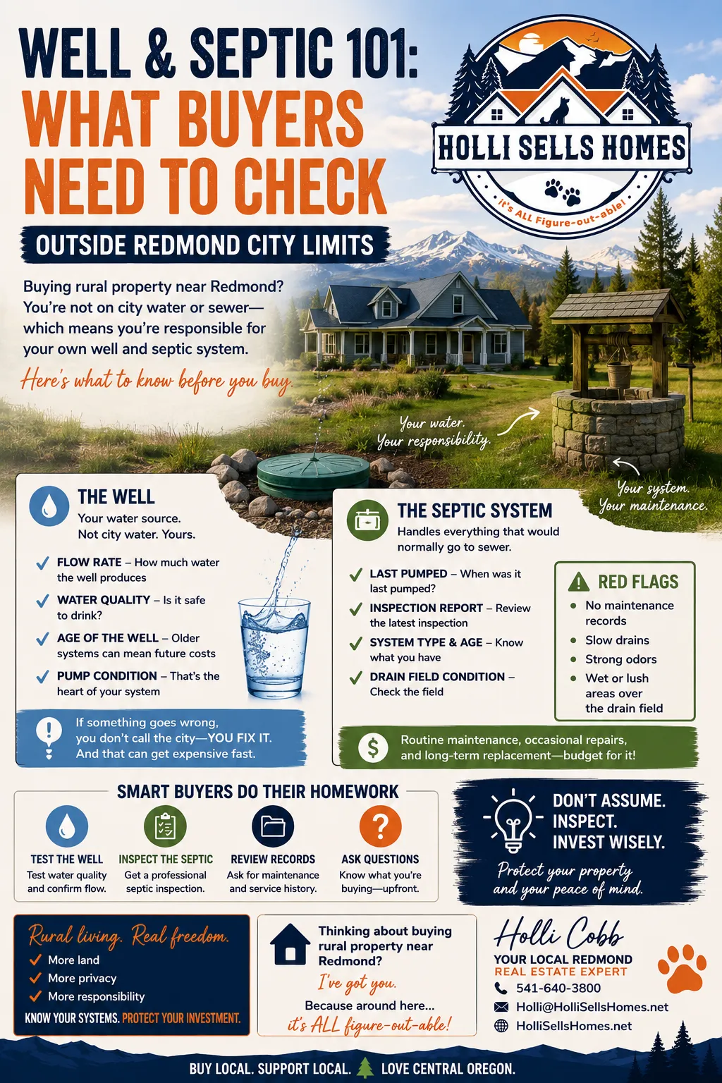 Infographic-style illustration explaining well and septic systems for buyers outside Redmond city limits, featuring bold navy and orange text with sections on well water checks (flow rate, water quality, age, pump condition), septic system inspection points (last pumped, system type, drain field condition), common red flags, and smart buyer tips, alongside imagery of a rural home with a well and septic components, and the Holli Sells Homes logo prominently displayed.