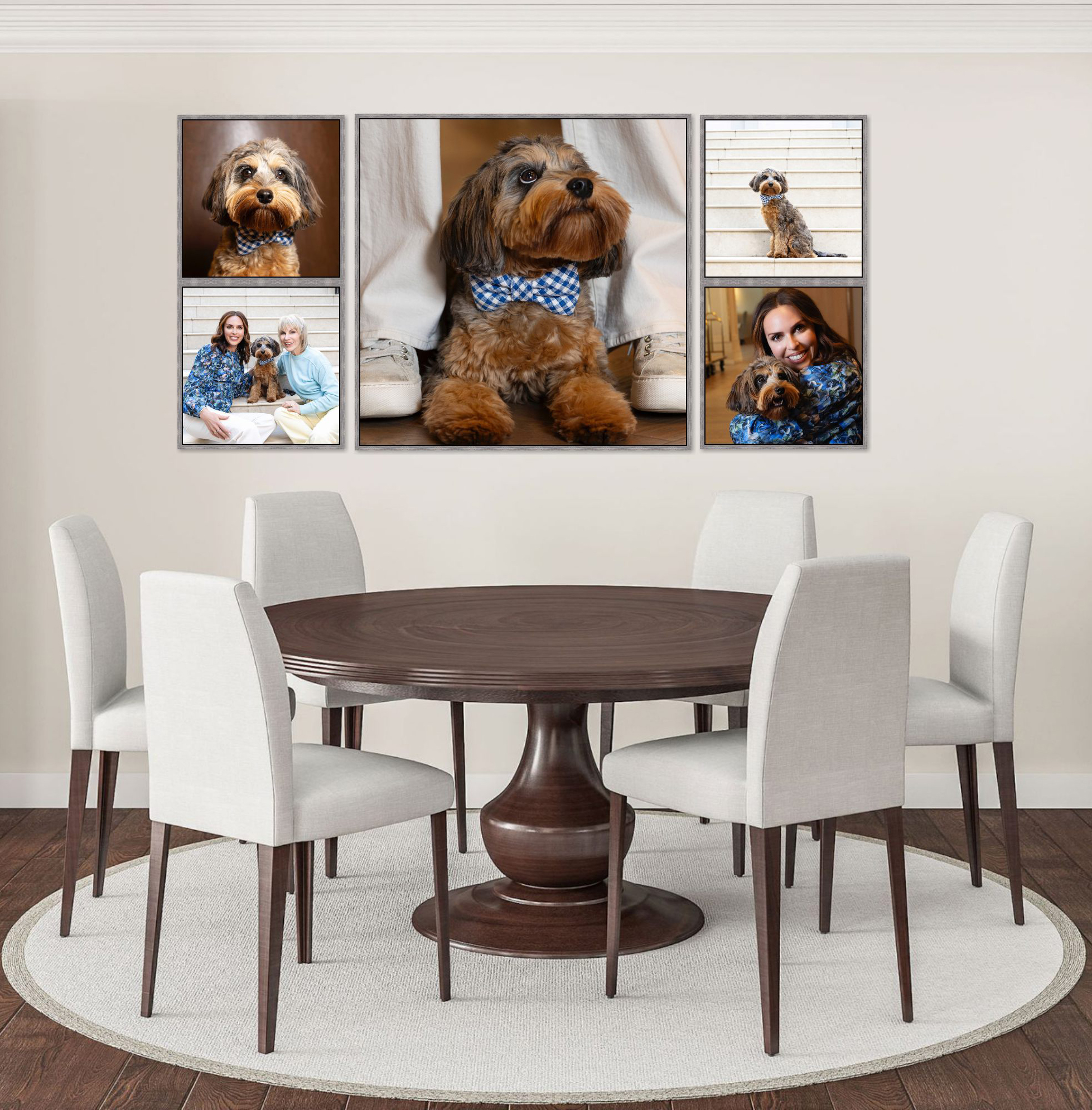Pet portrait wall-art collection displayed above a dining table.