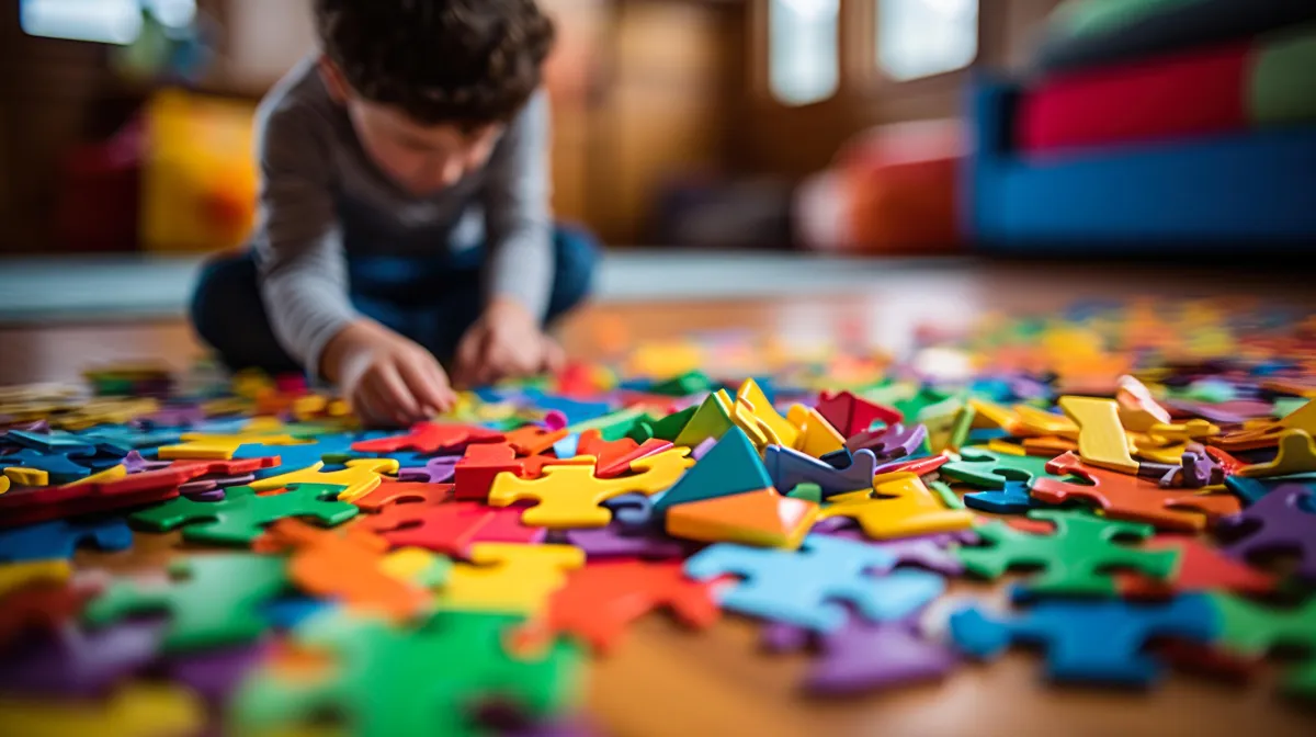 Child kneeling on the floor and playing with a wide spread of colorful puzzle pieces