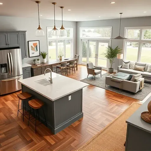 Completed home remodeling in Lithopolis OH, featuring a modern open-concept kitchen and living area with custom details.