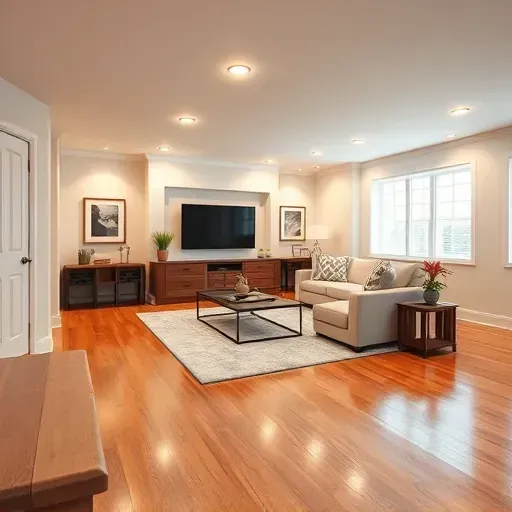 Beautifully finished basement in Columbus, OH, featuring polished hardwood floors, sleek walls, and modern lighting.