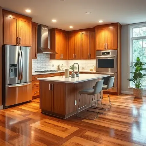 Stunning Gahanna kitchen remodel with warm wood cabinetry, marble countertops, and modern stainless steel appliances.