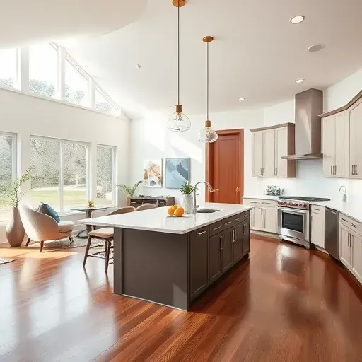 Modern remodeled Columbus Ohio home interior with open-concept living, hardwood floors, granite kitchen, stainless appliances, and natural light