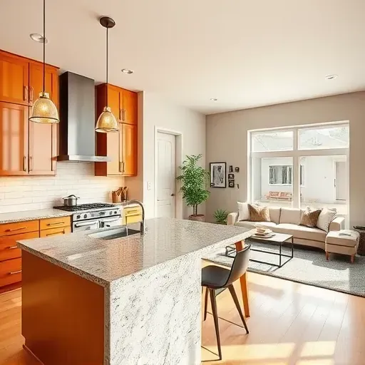 Modern kitchen remodel in Canal Winchester, OH with sleek cabinetry, granite countertops, open shelving, and a cozy living area.