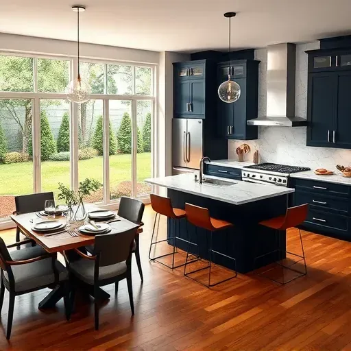 Modern Hilliard OH kitchen remodel featuring navy cabinetry, quartz countertops, and polished hardwood flooring.