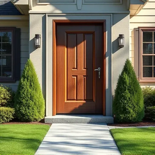 Freshly installed modern front door in Columbus Ohio with sleek design, detailed wood grain, elegant trim, and landscaped yard