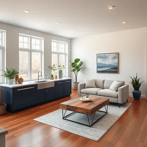 Completed home remodeling in Harrisburg OH features a stunning navy kitchen, elegant living area, and vibrant decor.