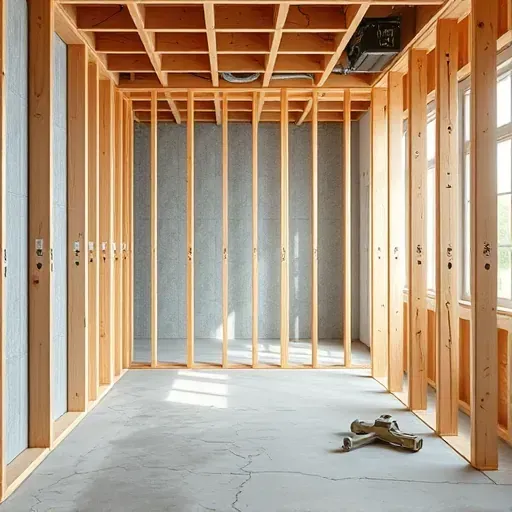 Freshly framed basement wall with wooden studs and drywall in Columbus Ohio showing detailed craftsmanship and natural lighting