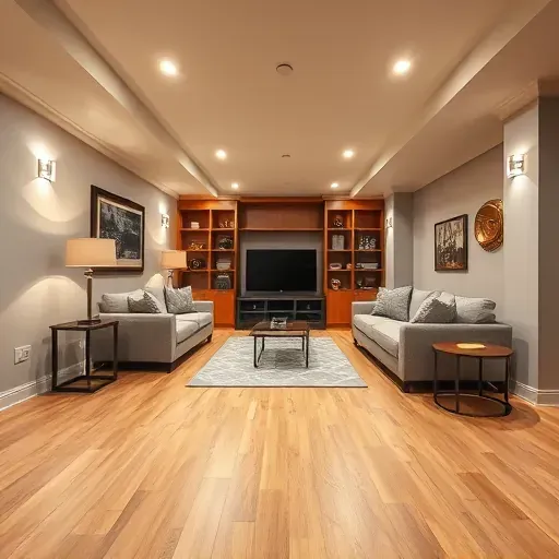 Inviting finished basement in Columbus with polished hardwood, plush furniture, modern decor, and cozy ambiance.
