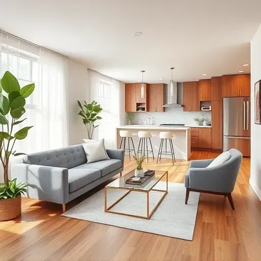 Modern living space in German Village OH featuring bright walls, oak floors, minimalist furniture, and stylish kitchen design.