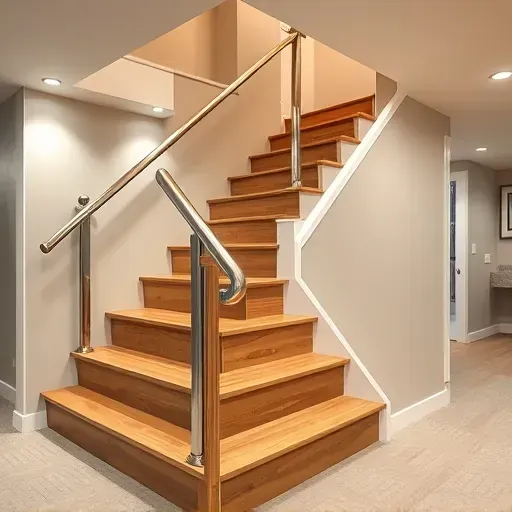 Newly installed oak basement staircase with metal handrails in a modern Columbus Ohio basement interior