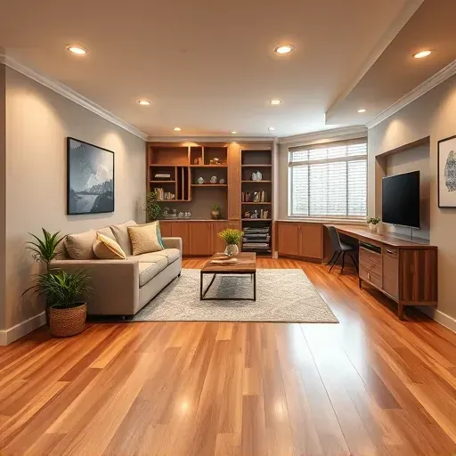 Modern Columbus basement with sleek hardwood floors, cozy seating, and elegant lighting in a spacious design.