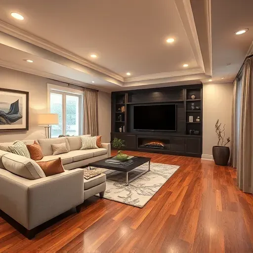 Finished basement in Columbus Ohio features elegant decor, plush sofas, polished hardwood, a fireplace, and large windows.