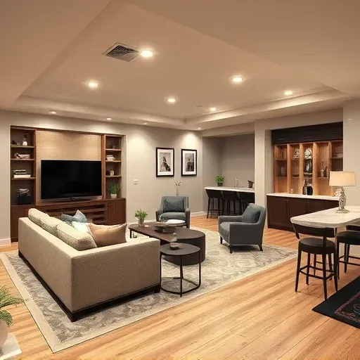 Finished basement in Columbus OH features modern design, spacious living area, stylish sectional sofa, bar area, and cozy reading nook.