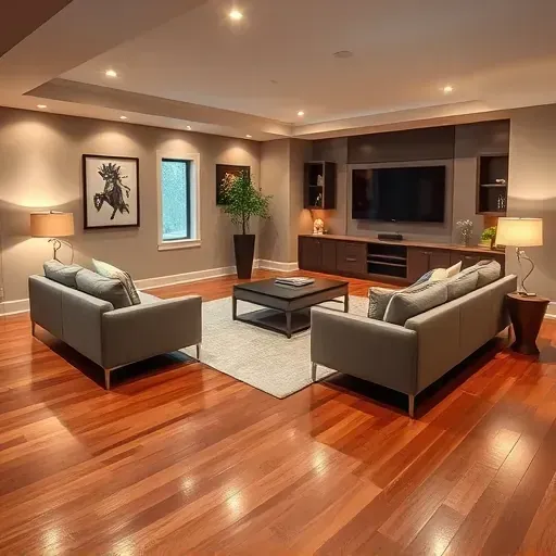 Finished basement in Columbus Ohio featuring modern design, polished hardwood floors, cozy lounge, and ample natural light.