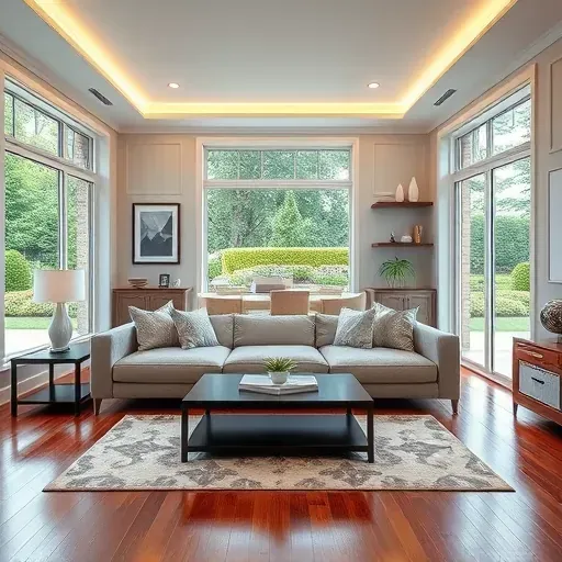 Beautifully renovated living room in Alexandria OH with modern decor, hardwood floors, and natural light from large windows.