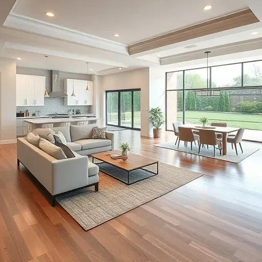 Completed home remodel in Columbus featuring modern living room and open kitchen with stylish furnishings and natural light.