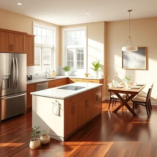 Modern kitchen remodel in Hilliard, OH with granite island, stainless appliances, and cozy dining area illuminated by sunlight.