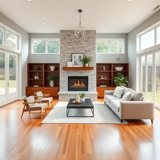 Modern living room in Grandview Heights, OH featuring open layout, stone fireplace, and stylish decor with garden view.