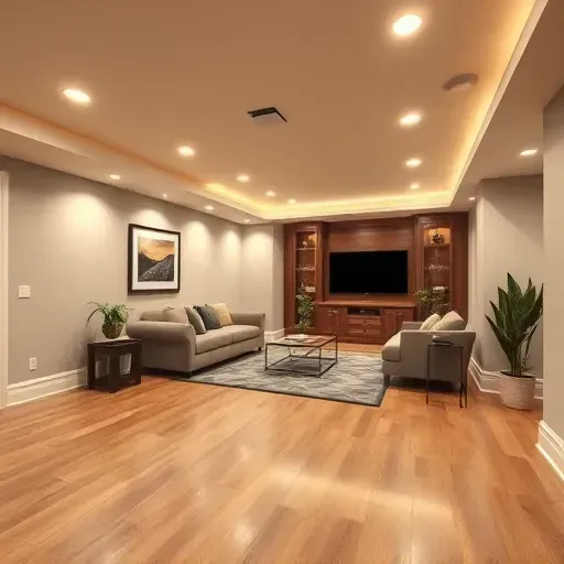 Modern finished basement in Columbus with hardwood floors, cozy lounge, and custom entertainment center. Stylish and inviting.