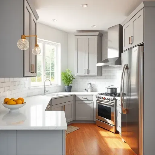 Remodeled kitchen in Johnstown, OH, featuring gray cabinetry, quartz countertops, and natural light with elegant decor.