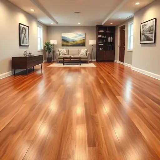 Pristine polished hardwood basement flooring in a modern Columbus Ohio home with warm tones and subtle decorative accents