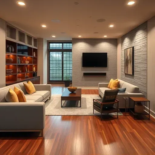 Renovated Columbus basement with modern furniture, hardwood floors, plush sofas, built-in shelves, and city-inspired decor
