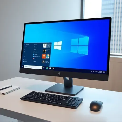 Modern office desk with a new Windows PC, sleek monitor, wireless keyboard, and tidy workspace in a professional setting