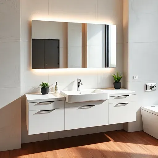 Modern high-end bathroom vanity with marble countertop, white porcelain sink, chrome fixtures, frameless mirror, and elegant tile walls