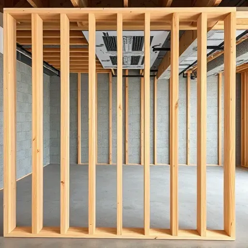 Newly built basement wall framing in Columbus Ohio with wooden studs, concrete foundation, wiring, and insulation showing craftsmanship
