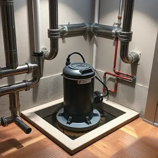Freshly installed modern sump pump in a clean, well-lit basement with organized plumbing and waterproof textured walls