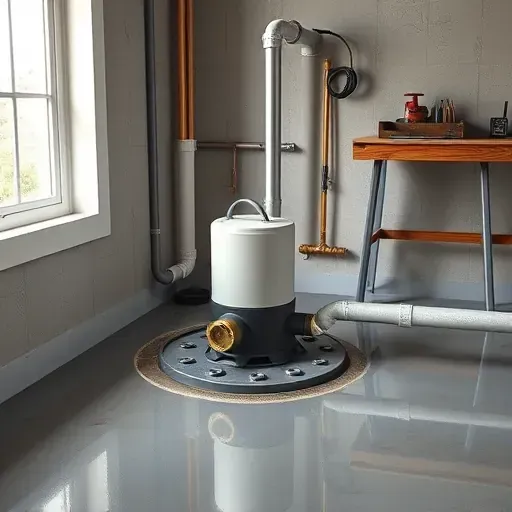Installed sump pump system in a clean basement with detailed plumbing, shiny metallic finishes, and organized tools.