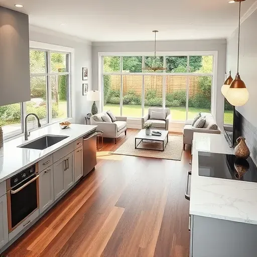 Modern kitchen remodel in Pickerington, OH with marble countertops, stainless appliances, and open layout with natural light.