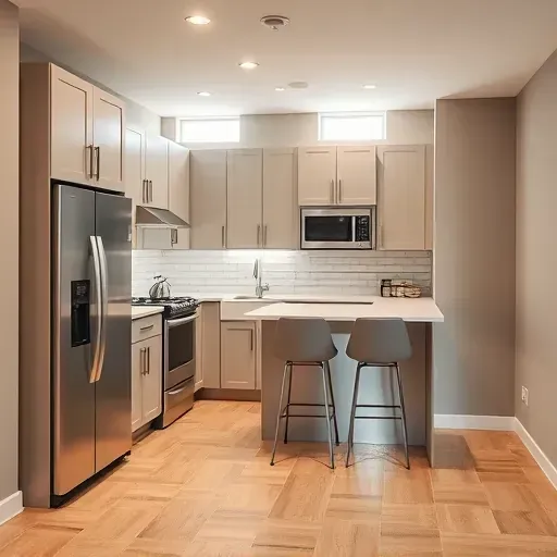 Finished basement kitchenette in Columbus Ohio with modern matte cabinetry, stainless appliances, quartz countertops, subway backsplash, and ceramic tiled floor